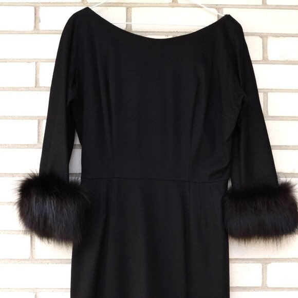 Vintage Black Dress with Fur Cuffs 38.25"B 50s 60s Retro Glamor Wide Neckline - Picture 1 of 16